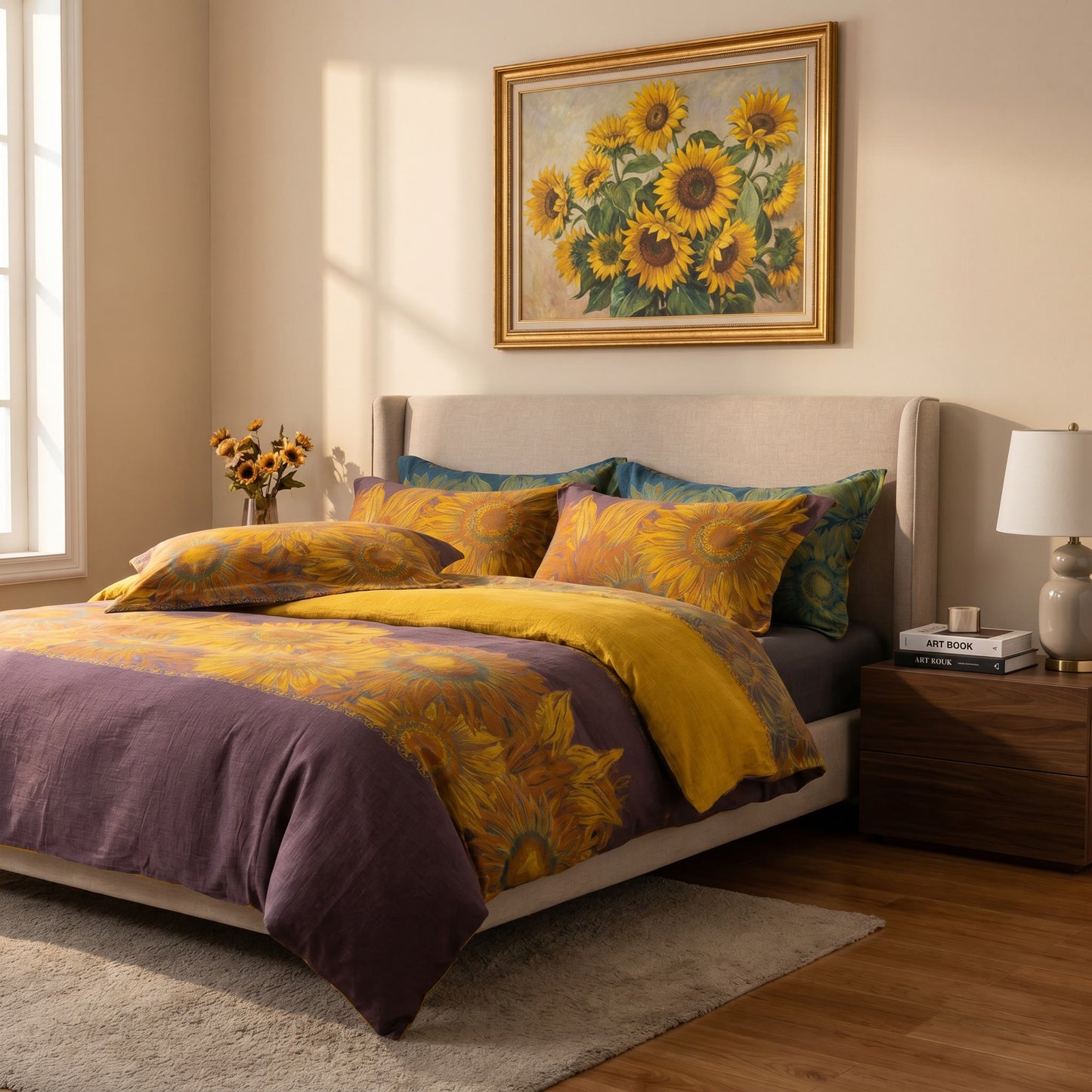Vintage Sunflower Cotton Gauze Bedding Set - Purple & Yellow - Queen - image 8