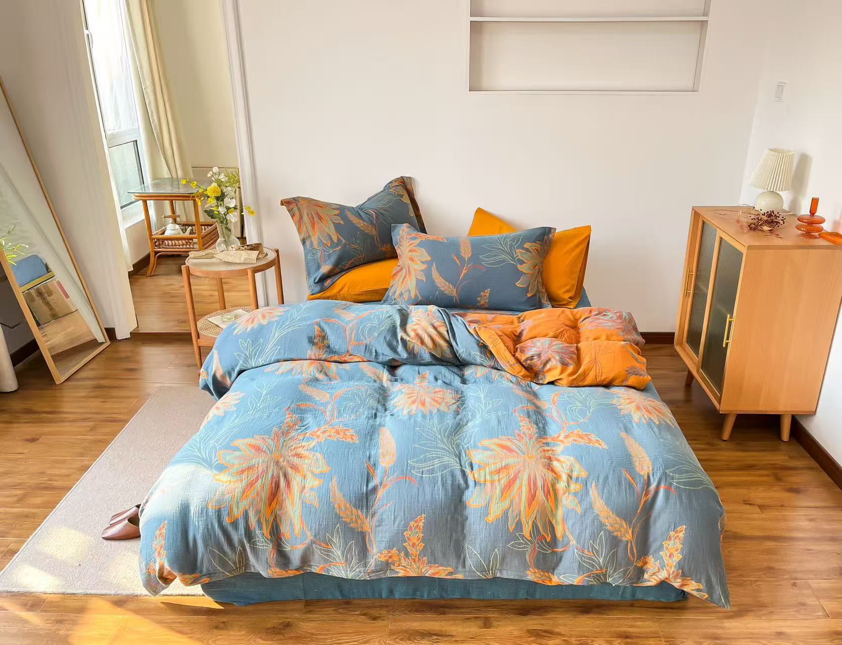 Vintage Floral Cotton Gauze Bedding Set - Blue - Queen - image 0