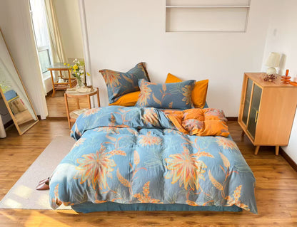 Vintage Floral Cotton Gauze Bedding Set - Blue - Queen - image 0