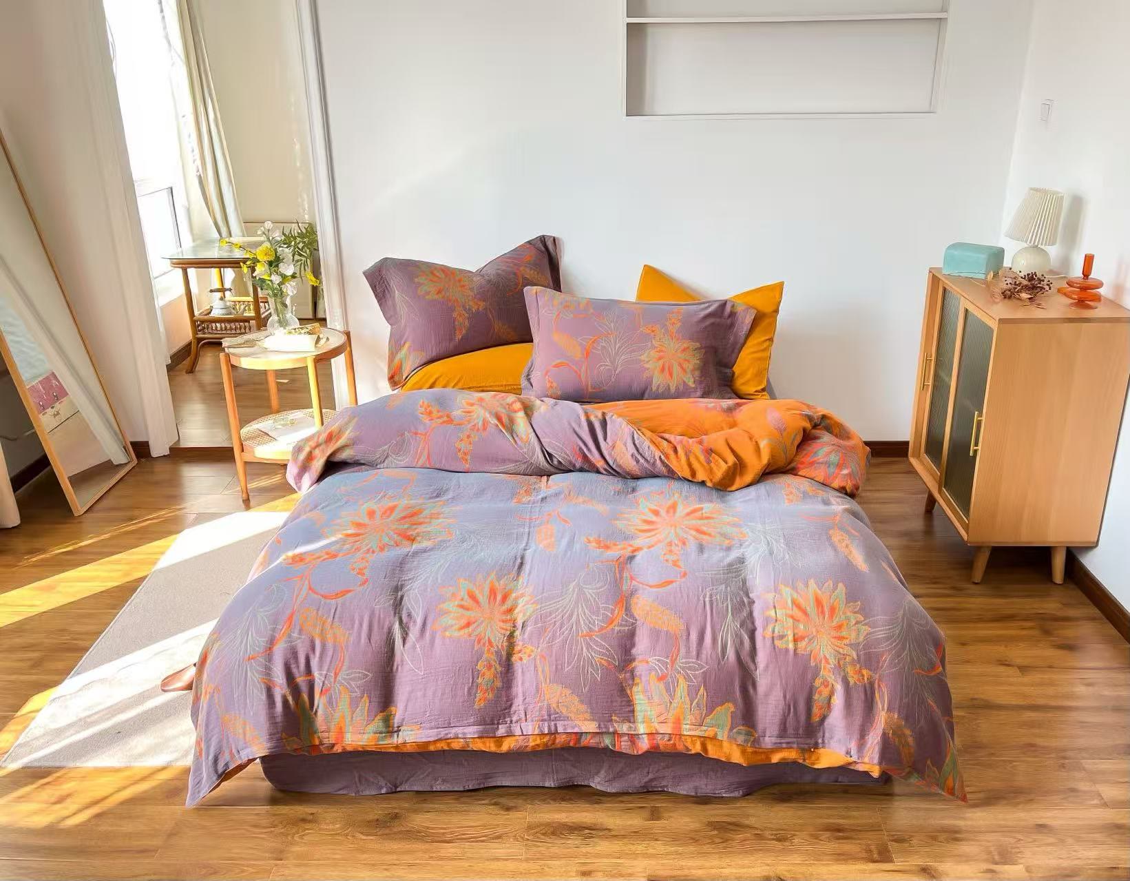 Vintage Floral Cotton Gauze Bedding Set - Purple - Queen - image 6
