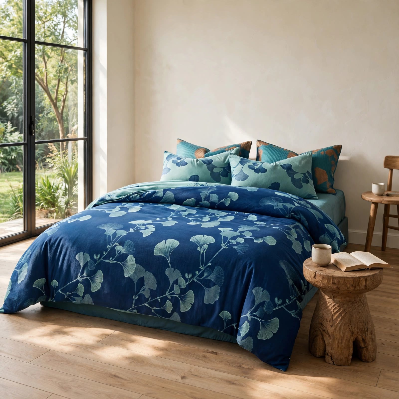 Vintage Ginkgo Leaf Cotton Bedding Set - Blue - Queen - image 0