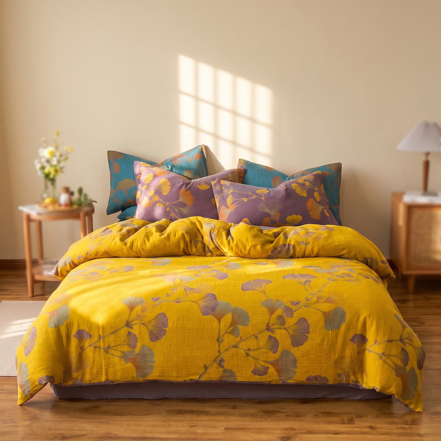 Vintage Ginkgo Leaf Cotton Bedding Set - Yellow - Queen - image 7