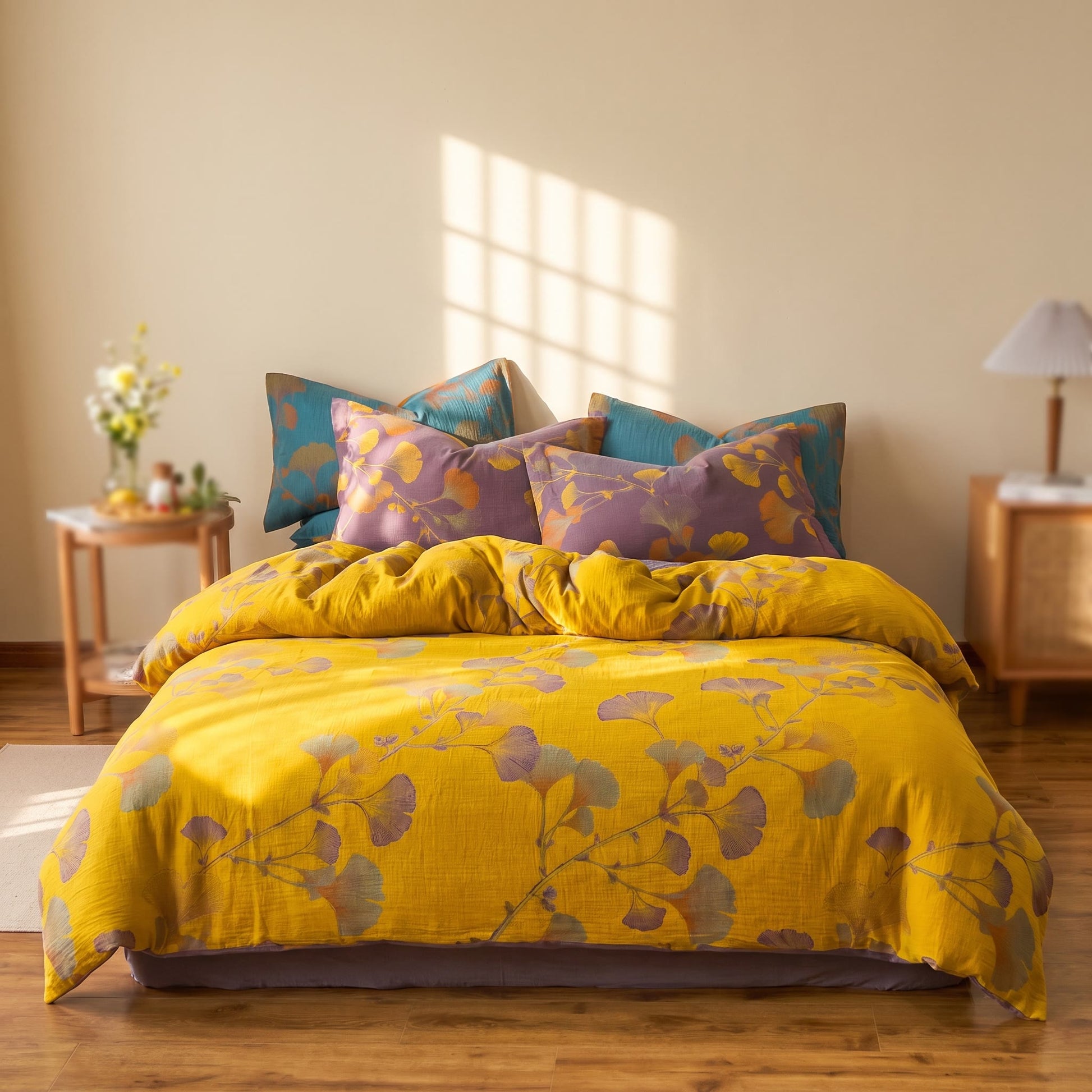 Vintage Ginkgo Leaf Cotton Bedding Set - Yellow - Queen - image 7