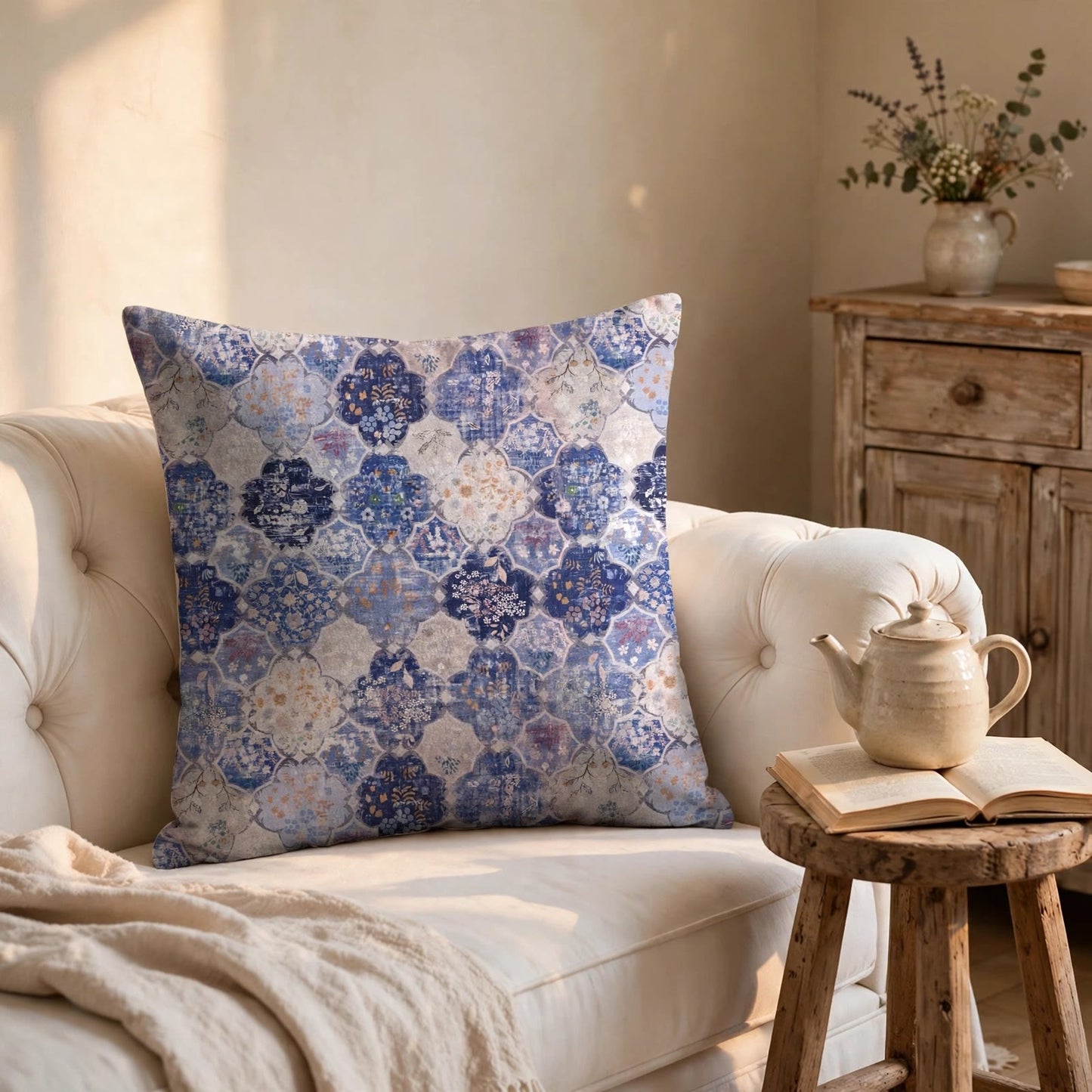 Retro Moroccan Tile Floral Square Pillow Cover - image 1