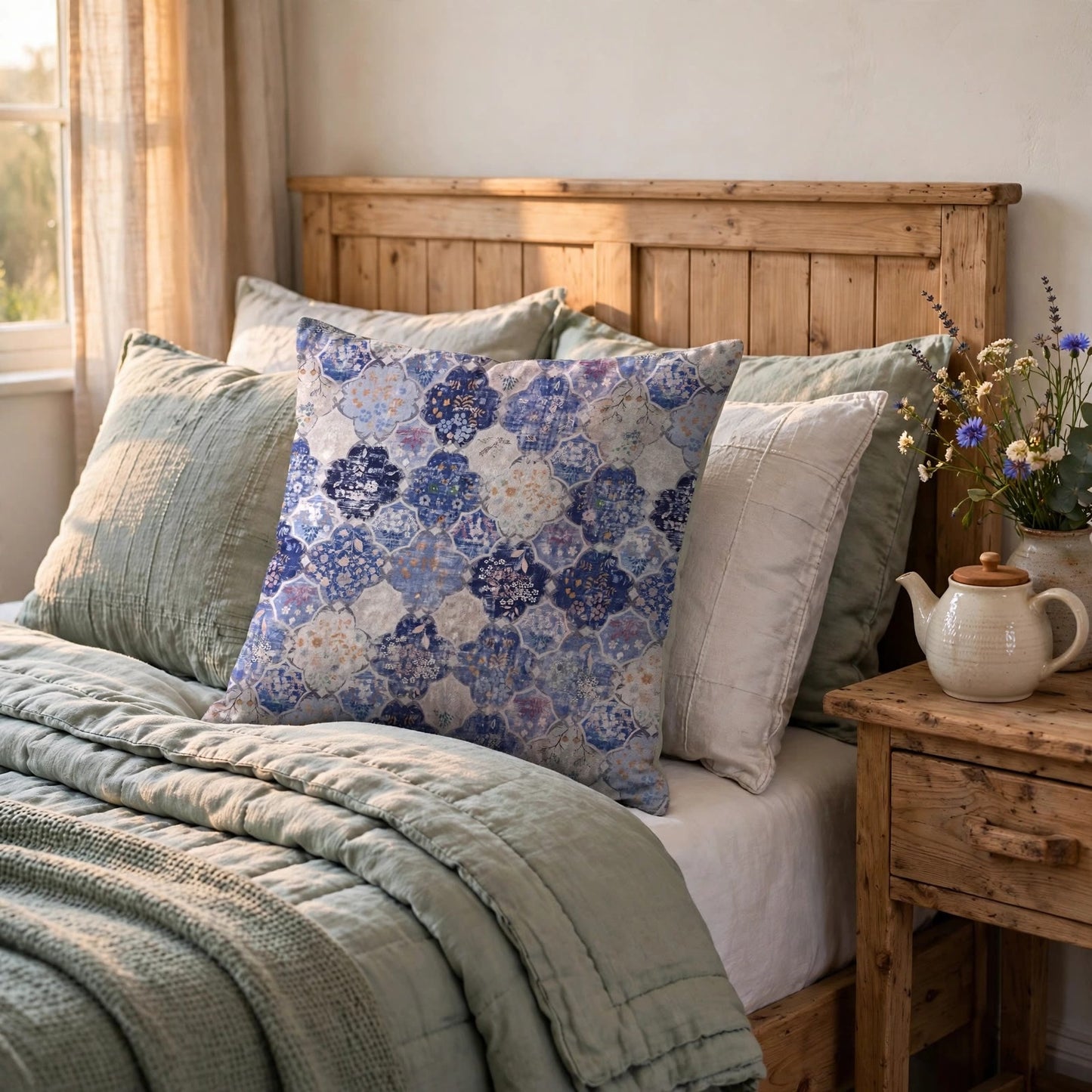 Retro Moroccan Tile Floral Square Pillow Cover - image 2