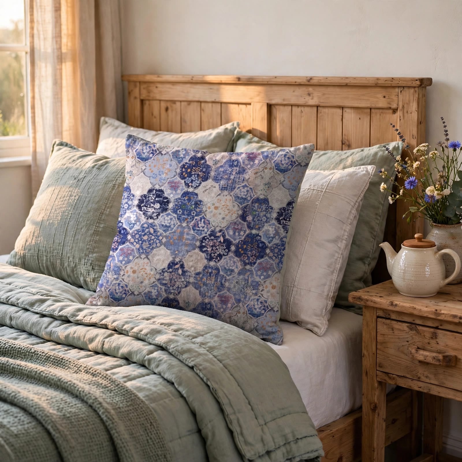 Retro Moroccan Tile Floral Square Pillow Cover - image 2