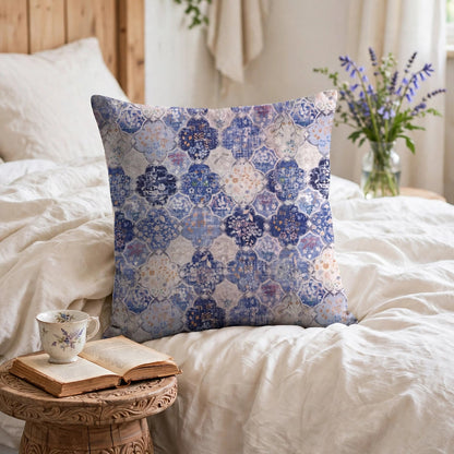 Retro Moroccan Tile Floral Square Pillow Cover - Blue & Purple - Pillow Cover with Insert - image 0