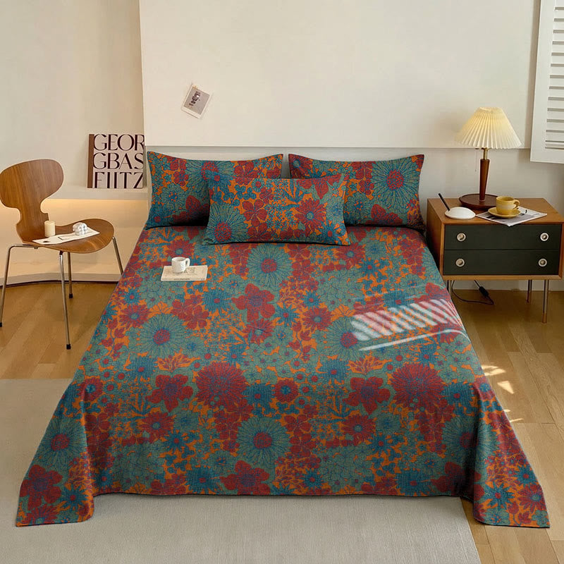 Retro Floral Cotton Gauze Bedding Set - Green - Bedspread with 2PCS Pillowcases - King - image 1