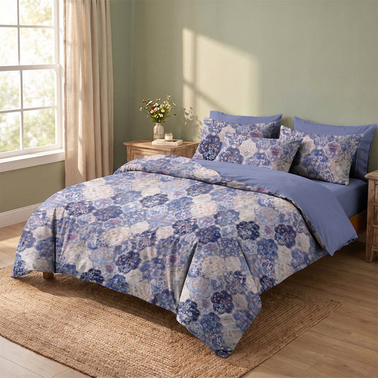 Blue Mosaic Floral Cotton Gauze Bedding Set - Blue & Purple - 2PCS Pillowcases - 20" x 37" - image 0