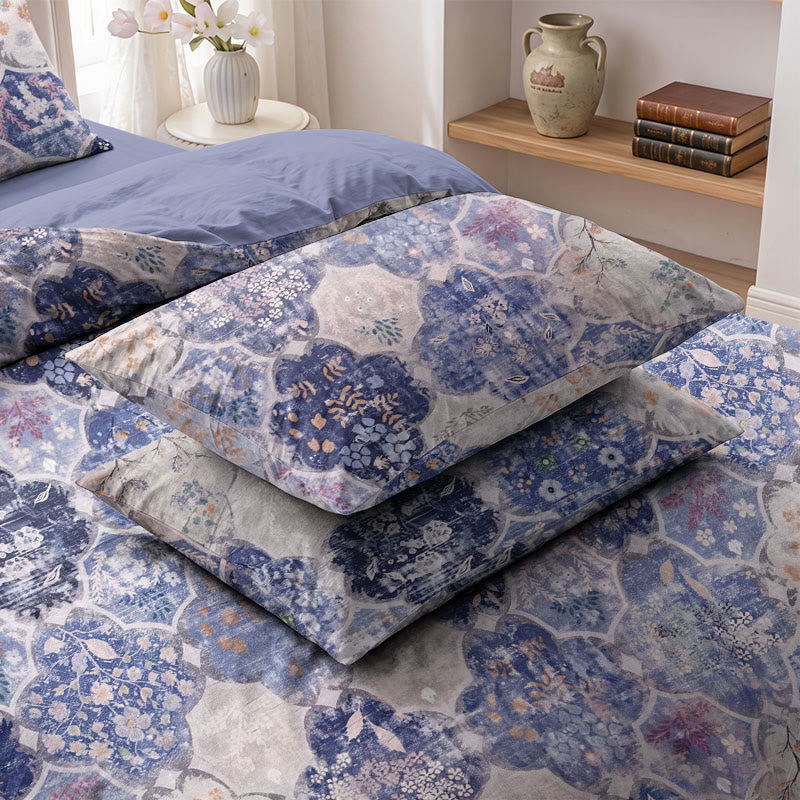 Blue Mosaic Floral Cotton Gauze Bedding Set - Blue & Purple - 2PCS Pillowcases - 20" x 27" - image 4