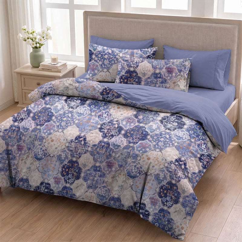 Blue Mosaic Floral Cotton Gauze Bedding Set - image 1