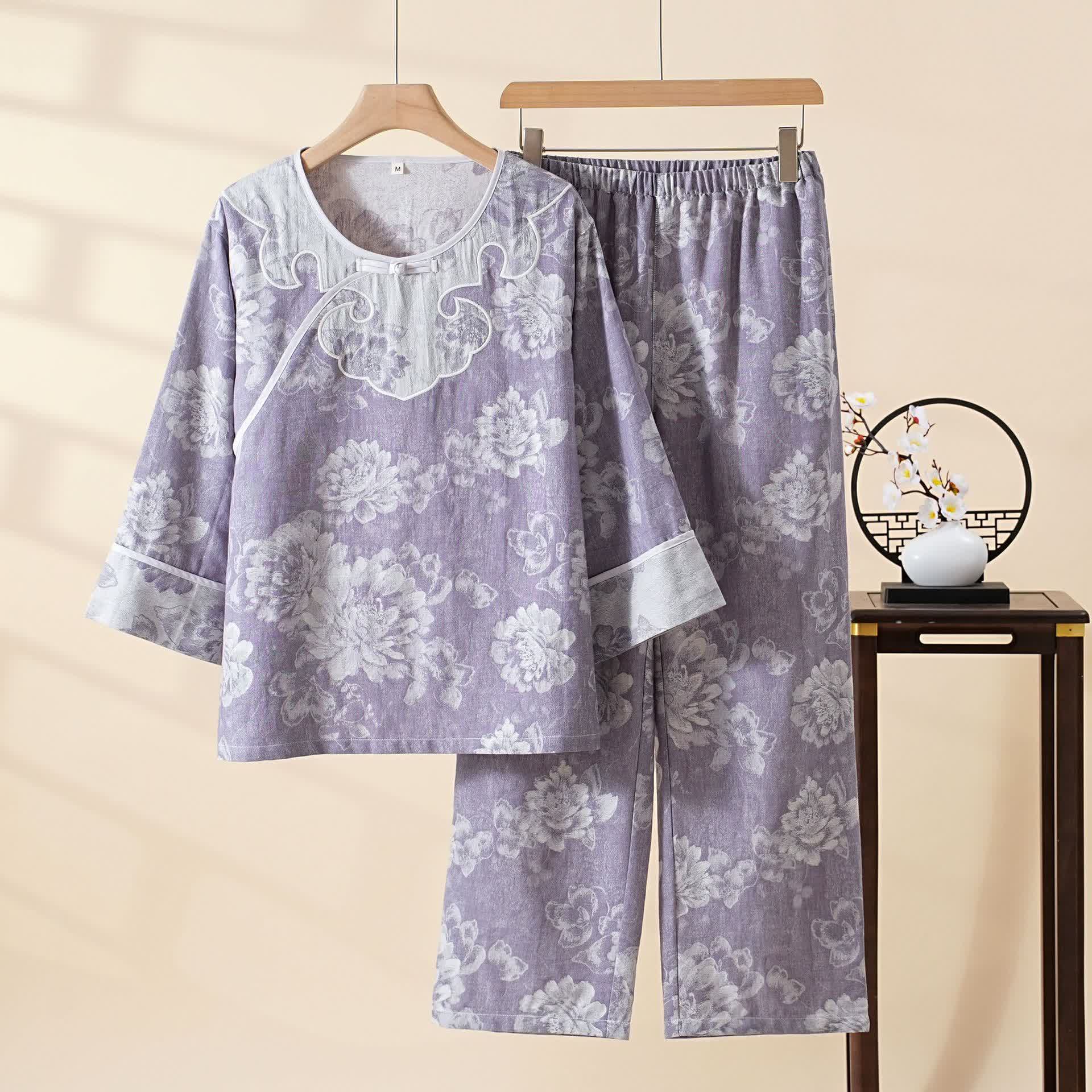 Vintage Peony Cotton Gauze Jacquard Loungewear Set - Purple - XXL - image 0