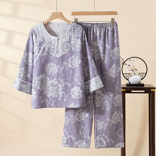 Vintage Peony Cotton Gauze Jacquard Loungewear Set - Purple - XXL - image 0