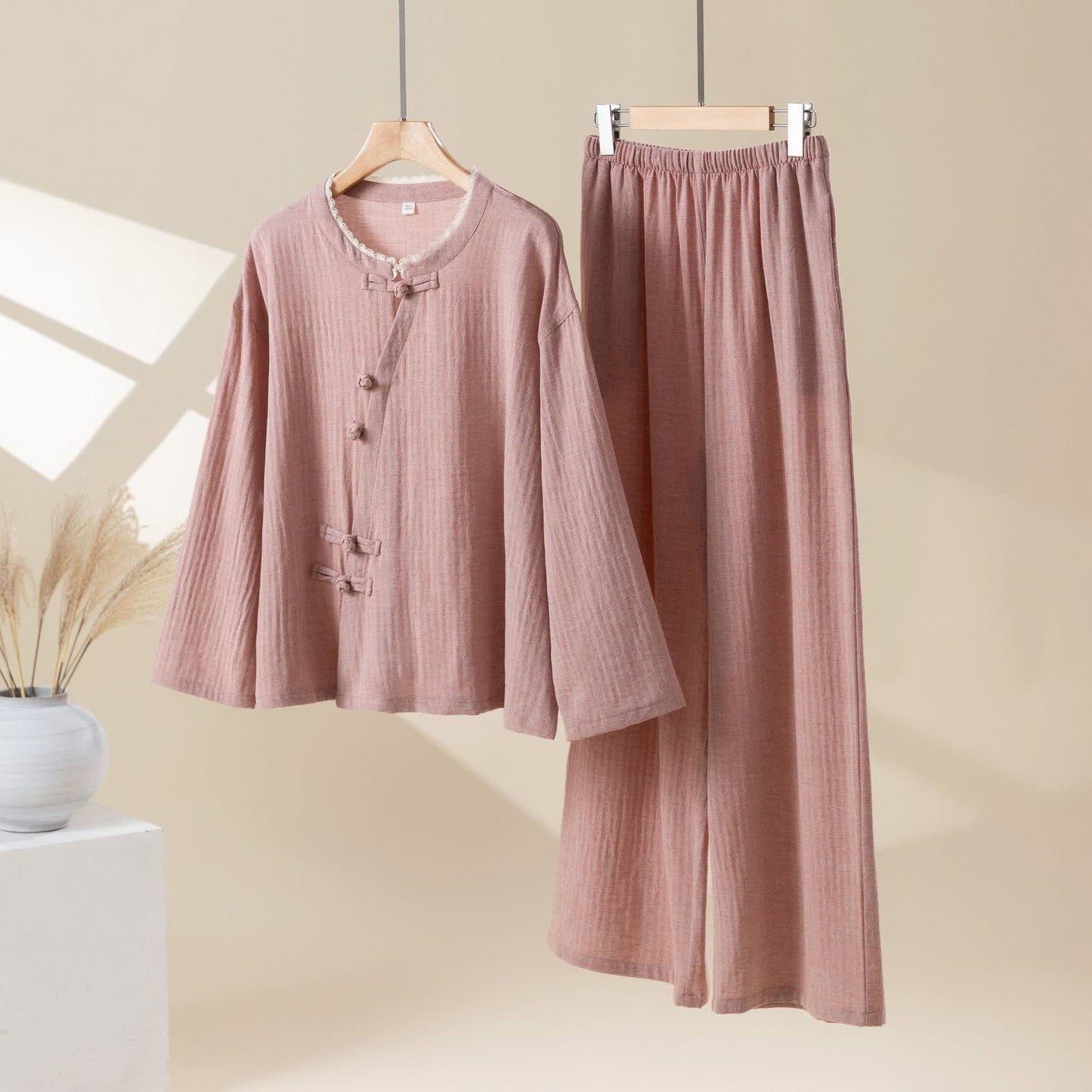 Solid Color Frog Button Cotton Loungewear Set - Pink - XL - image 0