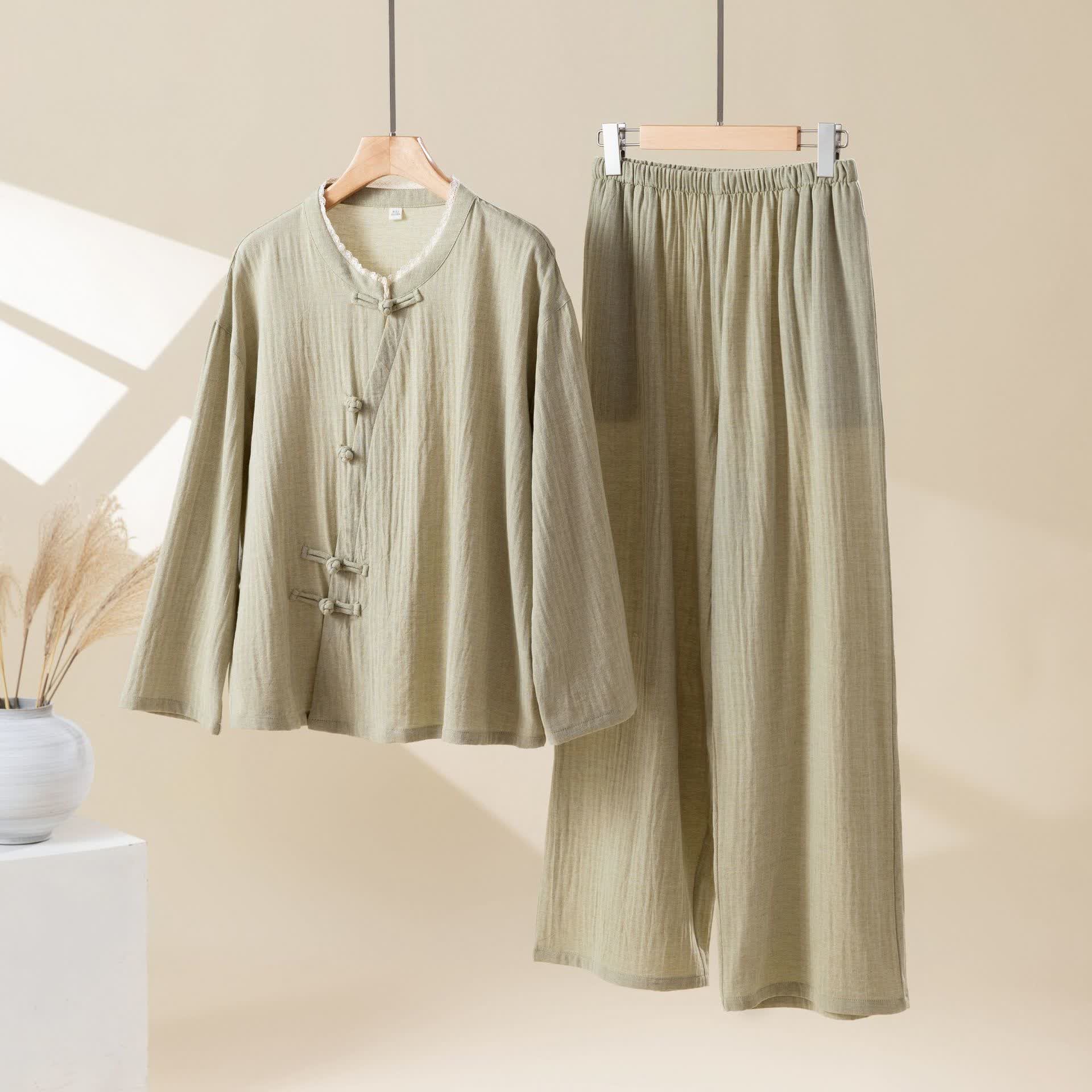 Solid Color Frog Button Cotton Loungewear Set - Green - XL - image 1