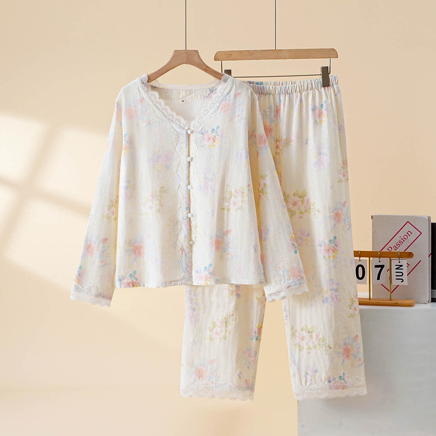 Romantic Floral Cotton Gauze Lace Lounge Set - Beige - XL - image 0