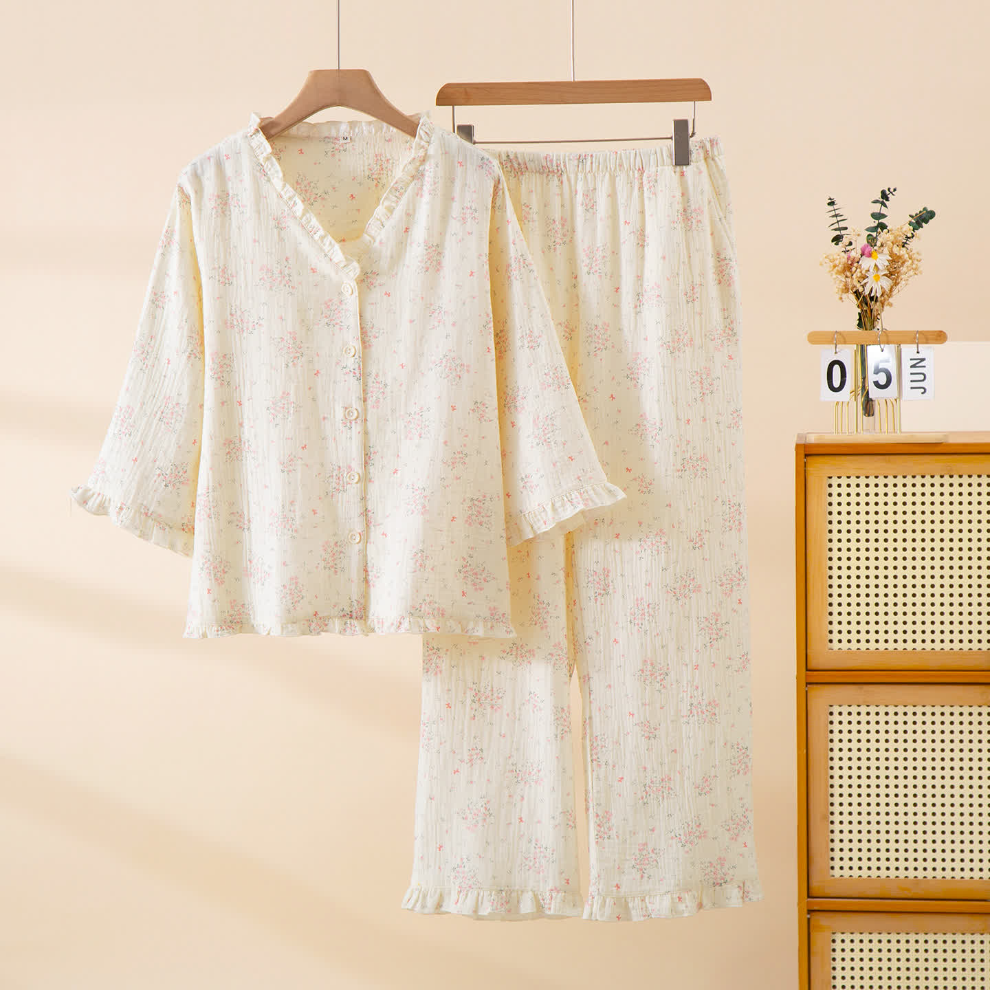 Refresh Floral Cotton Gauze Ruffle Loungewear Set - Beige - XL - image 0