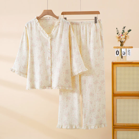 Refresh Floral Cotton Gauze Ruffle Loungewear Set - Beige - XL - image 0