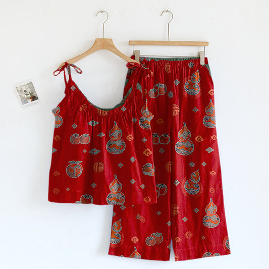 Lucky Gourd Print Cotton Pajama Set - Red - XL - image 0