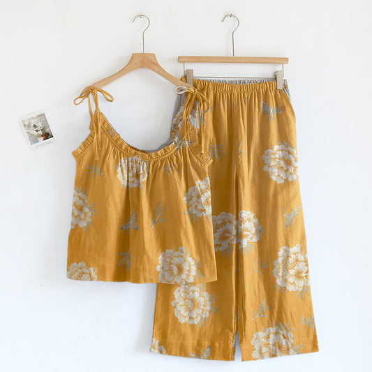 Retro Peony Butterfly Cotton Loungewear Set - Yellow - XL - image 0