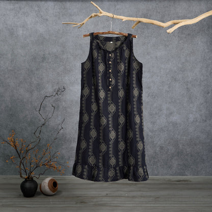 Vintage Navy Blue Geometric Cotton Nightdress - Navy Blue - L - image 0