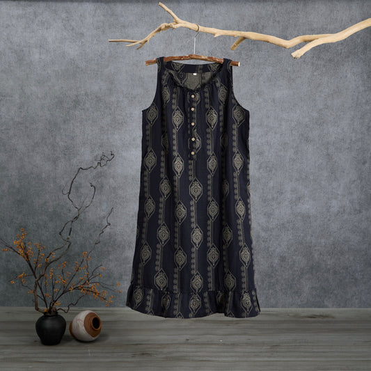Vintage Navy Blue Geometric Cotton Nightdress - Navy Blue - L - image 0