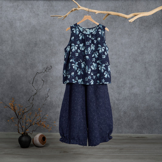 Retro Navy Blue Floral Cotton Tank Loungewear Set - Navy Blue - XL - image 0
