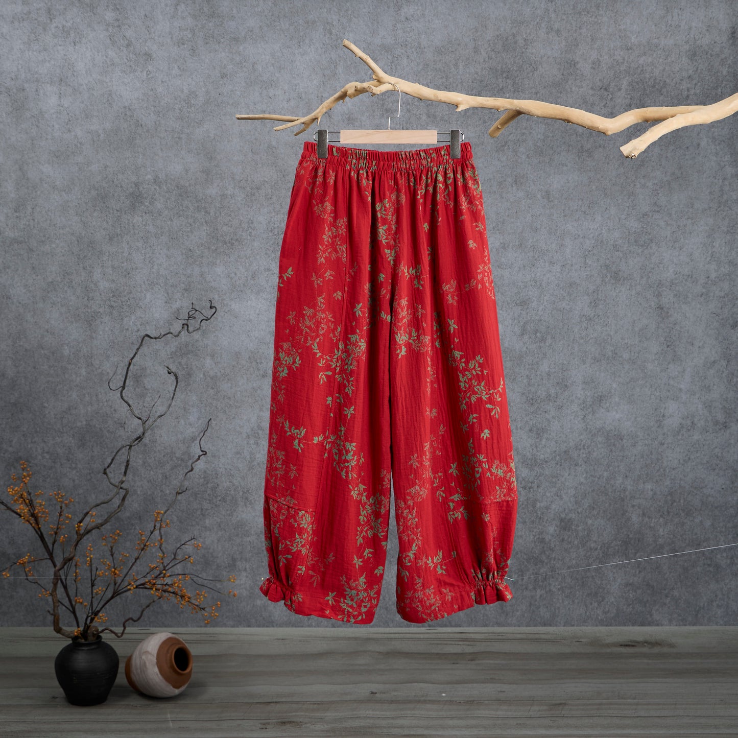 Red Floral Cotton Loungewear Pants - image 1