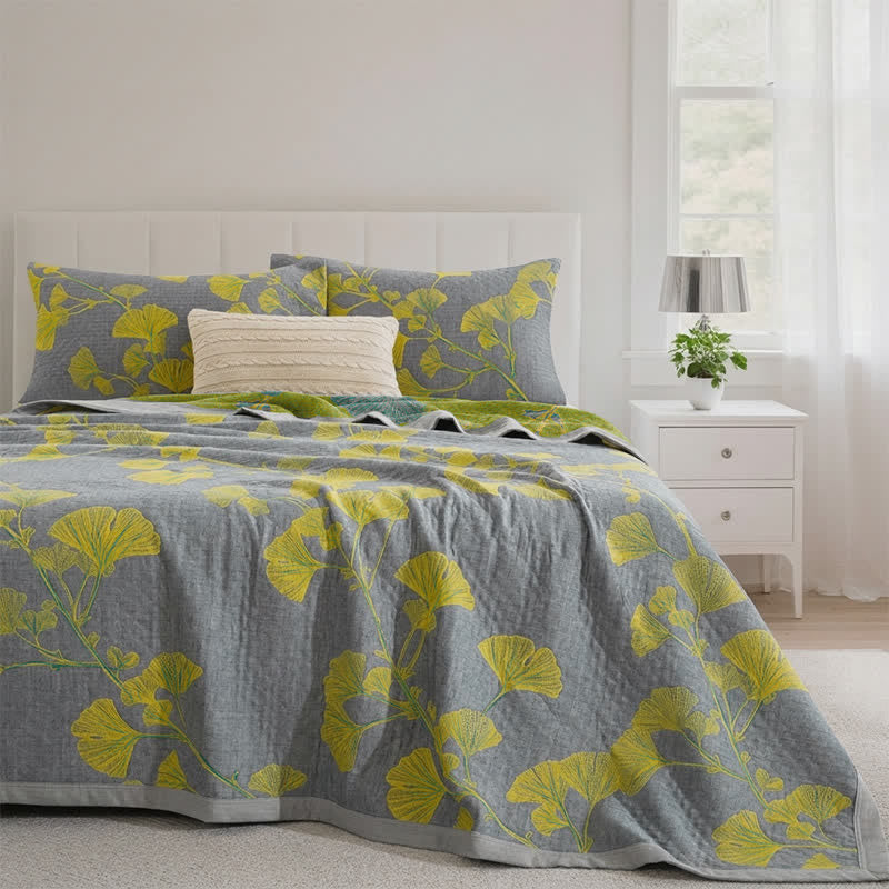 Retro Garden Flower Cotton Reversible Quilt - Light gray - Quilt with 2pcs Pillowcases - King - image 10