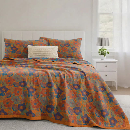 Vintage Multicolor Floral Cotton Reversible Quilt - Orange - Quilt with 2pcs Pillowcases - King - image 0
