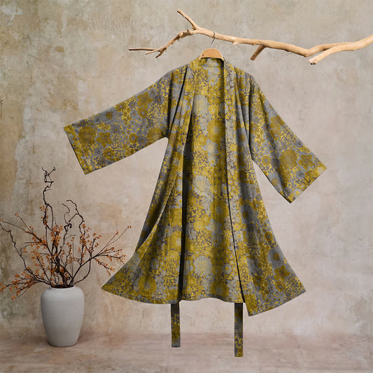 Retro Muted Floral Cotton Lounge Robe - Light gray - 2XL - image 0