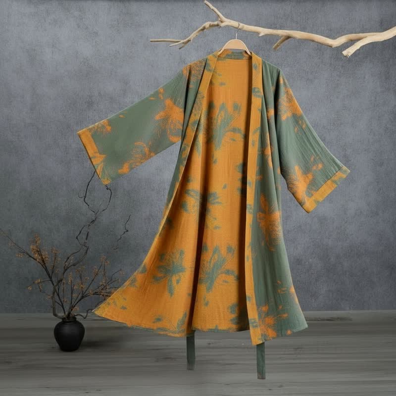 Reversible Vintage Floral Cotton Kimono Robe - Green - 2XL - image 0