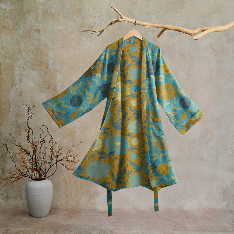 Vintage Floral Cotton Robe - Blue & Green - 2XL - image 12