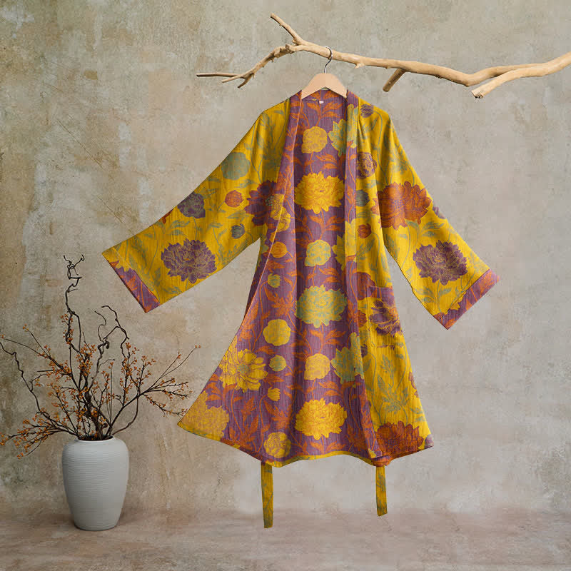 Vintage Floral Cotton Robe - Yellow & Purple - 2XL - image 24