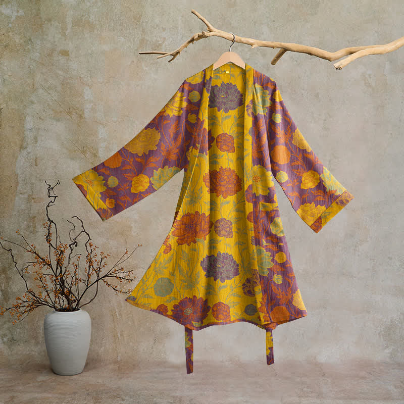 Vintage Floral Cotton Robe - Purple & Yellow - 2XL - image 30