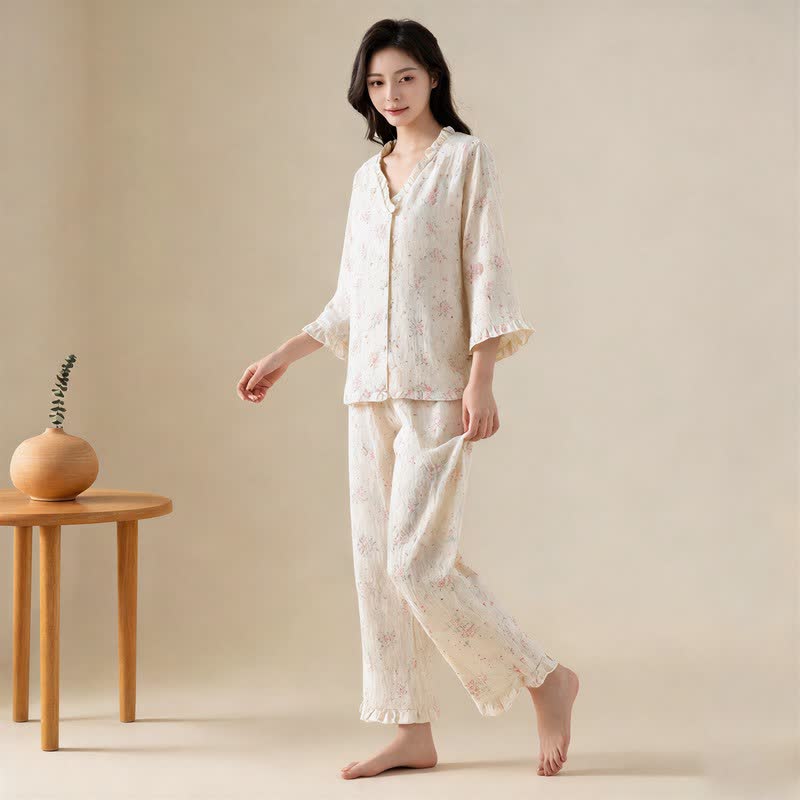 Refresh Floral Cotton Gauze Ruffle Loungewear Set - image 1