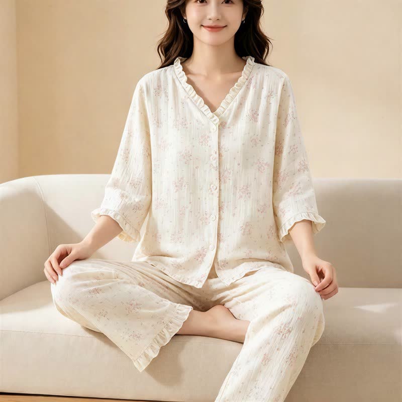 Refresh Floral Cotton Gauze Ruffle Loungewear Set - image 3