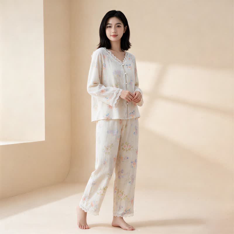 Romantic Floral Cotton Gauze Lace Lounge Set - image 1