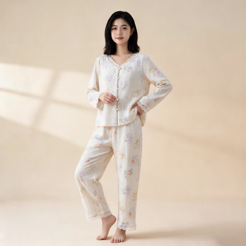 Romantic Floral Cotton Gauze Lace Lounge Set - image 2