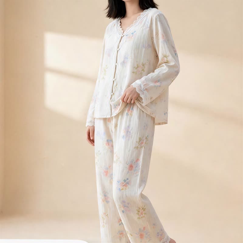 Romantic Floral Cotton Gauze Lace Lounge Set - image 3