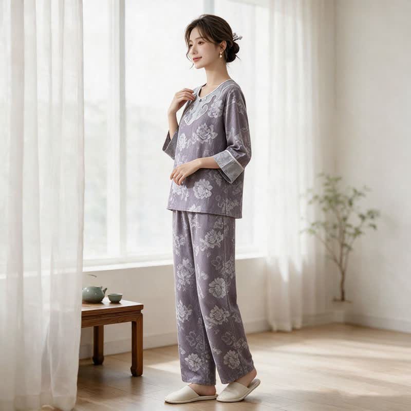Vintage Peony Cotton Gauze Jacquard Loungewear Set - image 3
