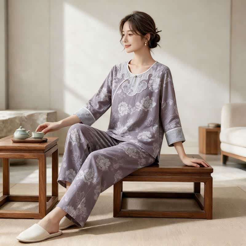 Vintage Peony Cotton Gauze Jacquard Loungewear Set - image 1