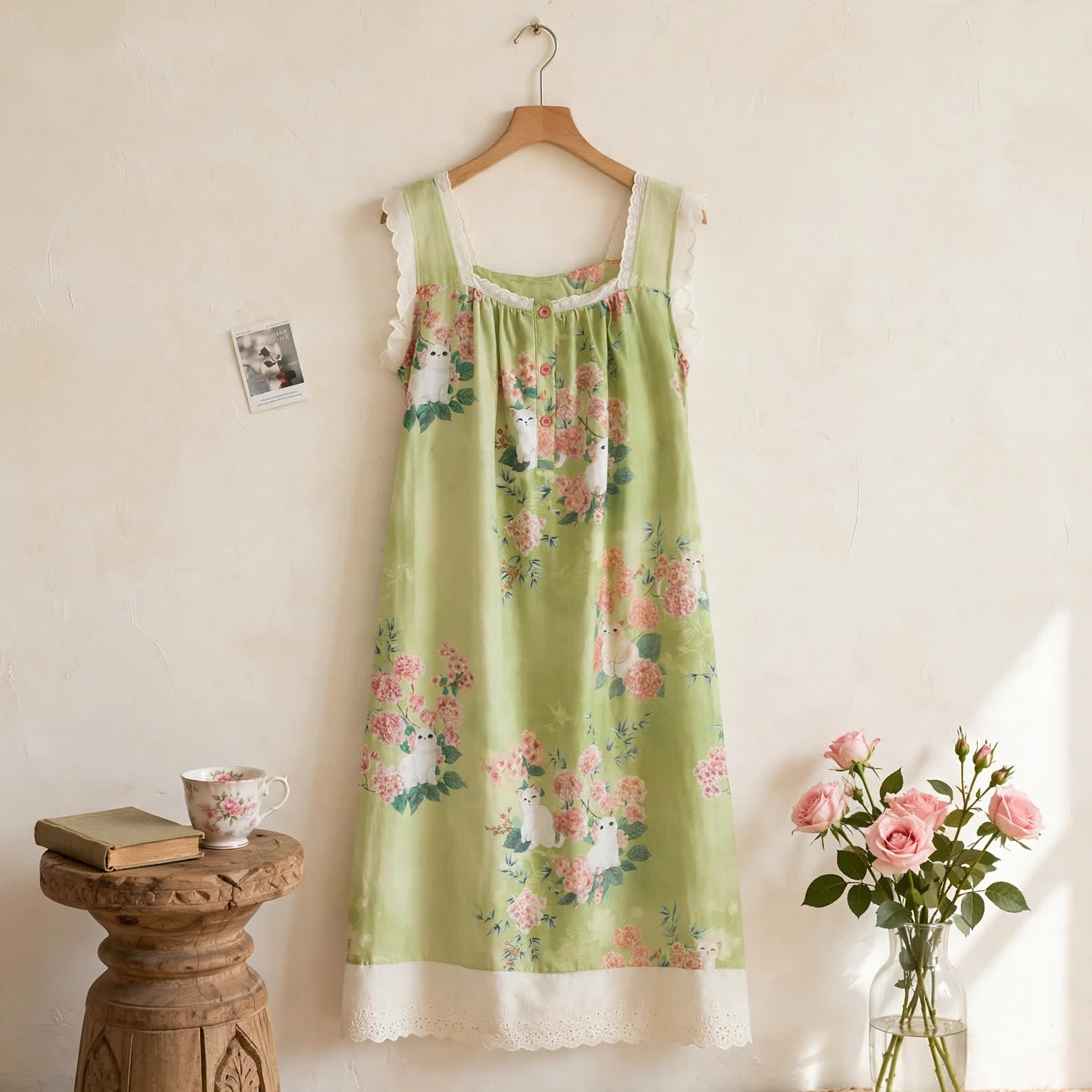 Cat Floral Print Sleeveless Nightgown - LightGreen - XL - image 0
