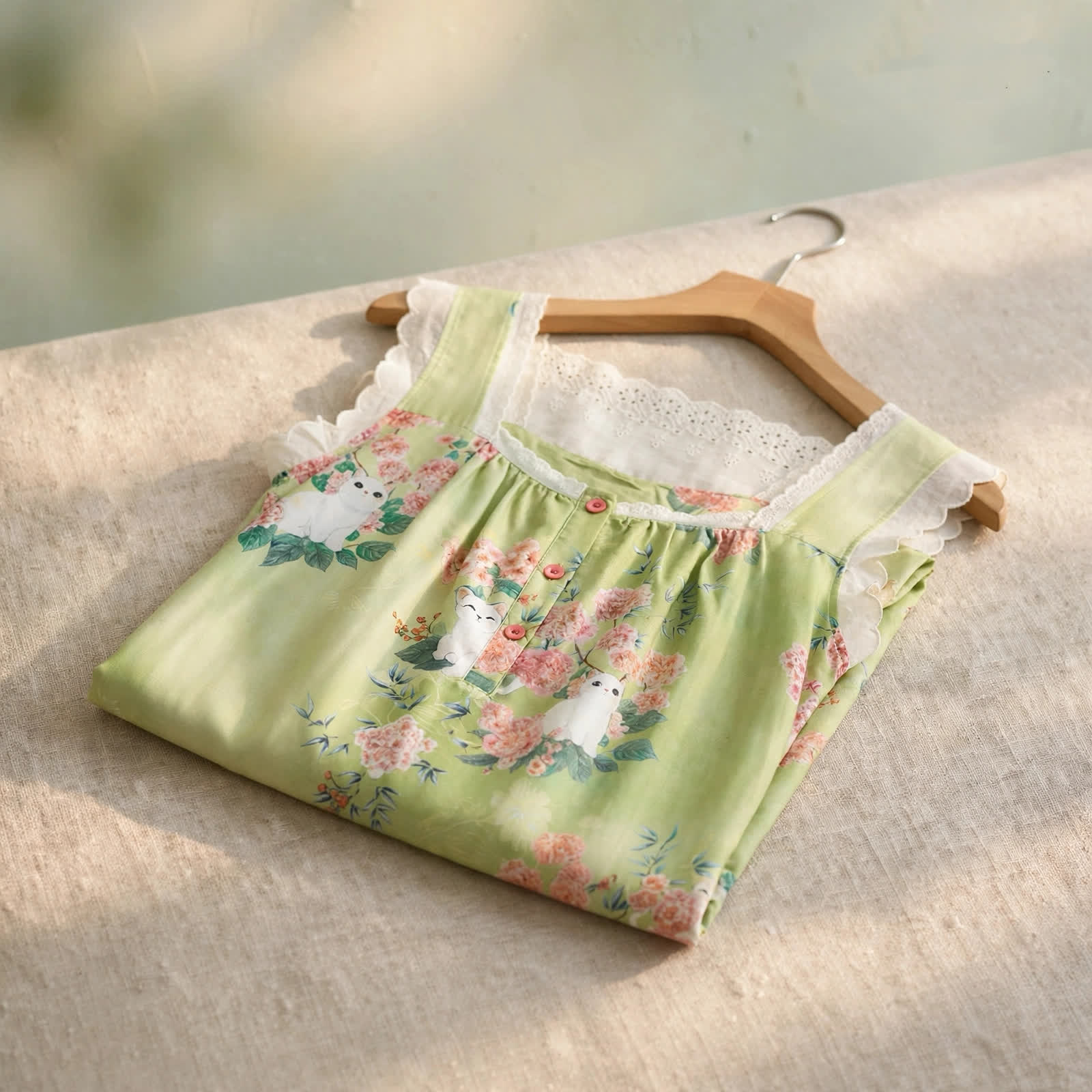 Cat Floral Print Sleeveless Nightgown - image 2