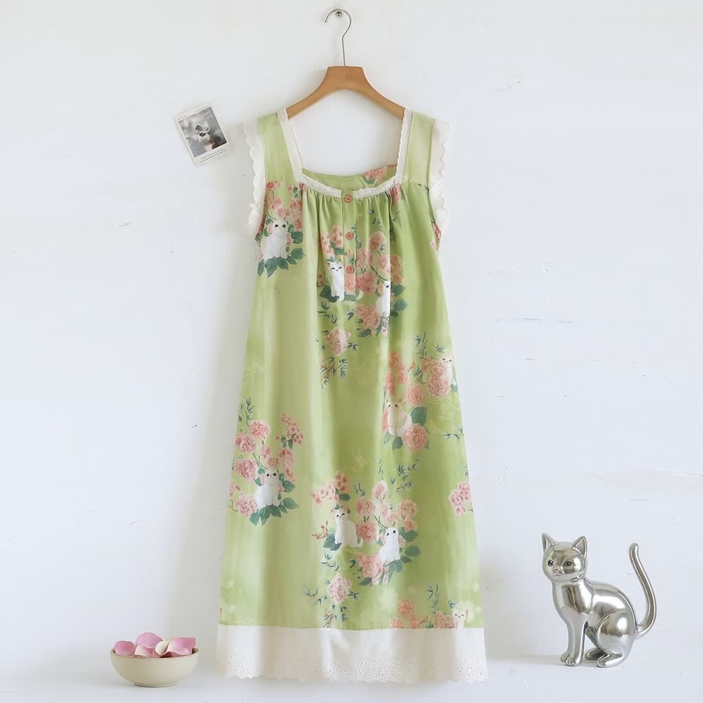 Cat Floral Print Sleeveless Nightgown - image 1