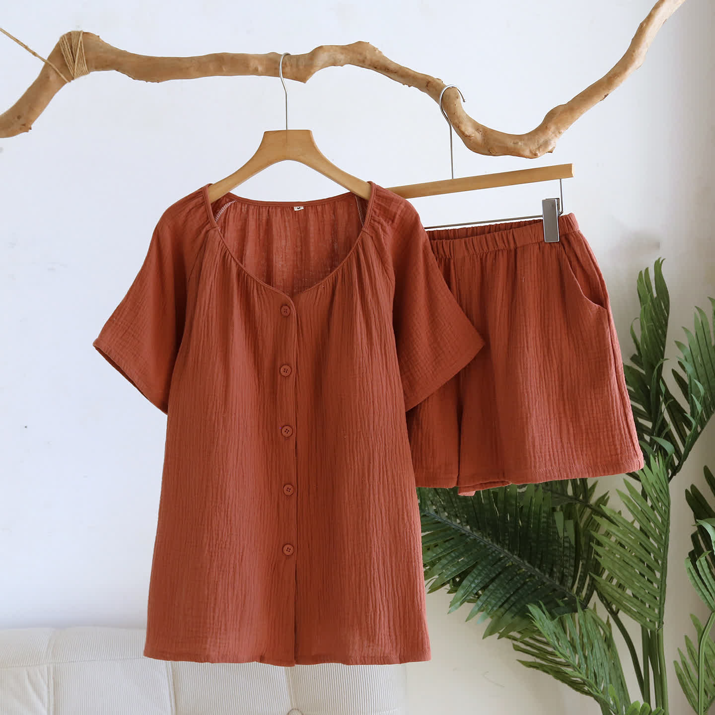 Breezy Cotton Gauze V-Neck Lounge Set - Caramel - XL - image 13