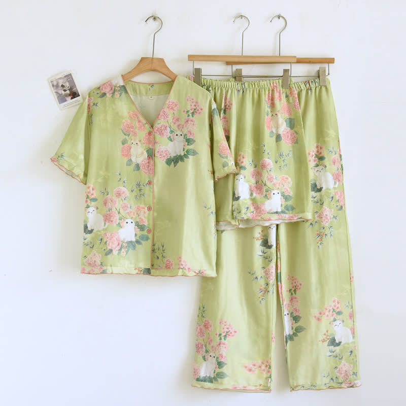 Mint Floral Cat Cotton 3pcs Loungewear Set - Green - XL - image 0