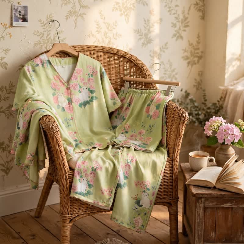 Mint Floral Cat Cotton 3pcs Loungewear Set - image 2