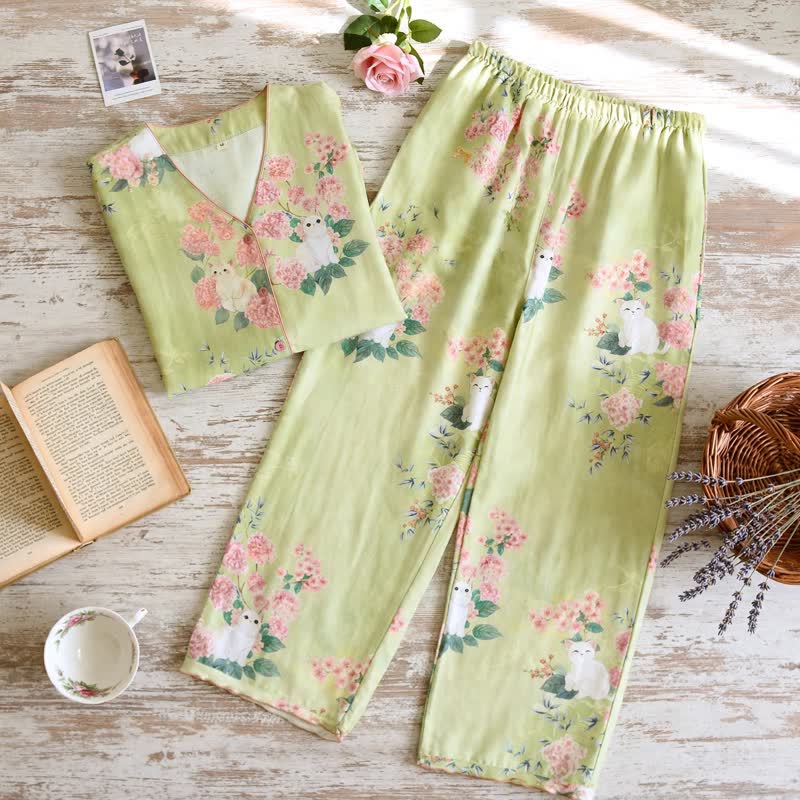 Mint Floral Cat Cotton 3pcs Loungewear Set - image 3
