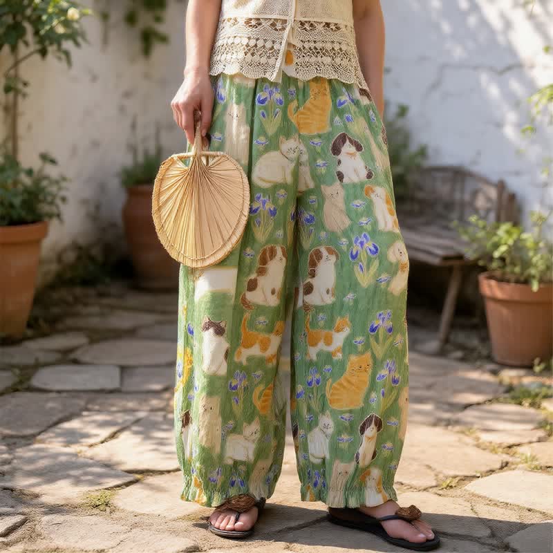 Green Cat Print Harem Loungewear Pants - image 2